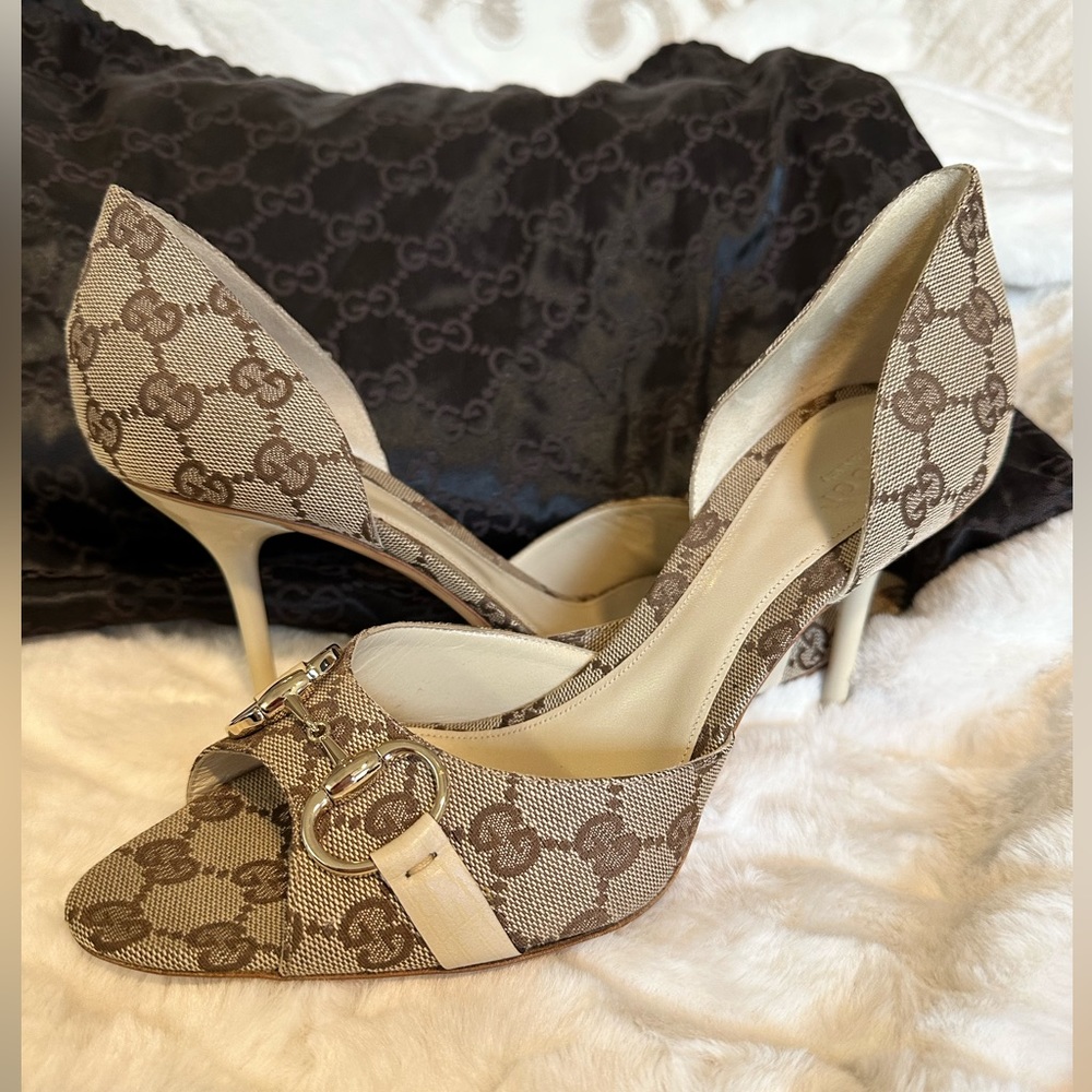 Gucci Beige Monogram Peep-Toe Heels